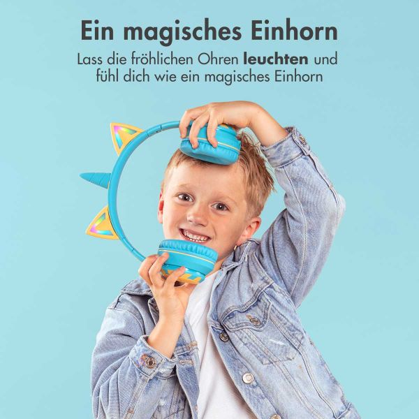 imoshion Kabellose Kinderkopfhörer Unicorn LED Light - Dezibelbegrenzer - Mit AUX-Kabel - Soft Blue / Yellow