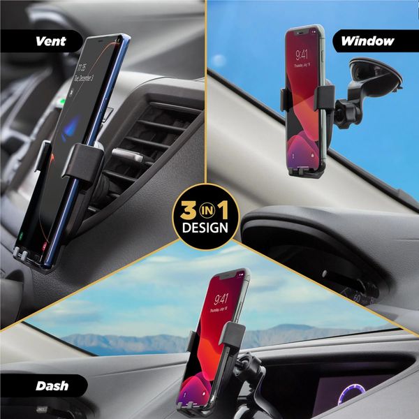Scosche GravityDrop 3-in-1 Handyhalterung Auto - Universell - Armaturenbrett / Windschutzscheibe / Lüftungsgitter - Schwarz