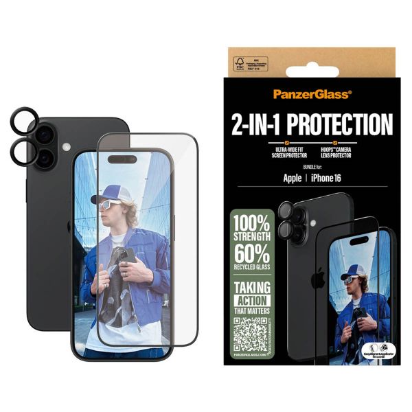 PanzerGlass 2-in-1 pack - Ultra-Wide Fit Anti-Bacterial Displayschutz incl. applicator + Camera Protector Apple iPhone 16