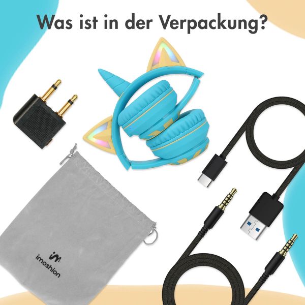 imoshion Kabellose Kinderkopfhörer Unicorn LED Light - Dezibelbegrenzer - Mit AUX-Kabel - Soft Blue / Yellow