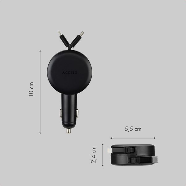 Accezz Autolader mit ausziehbaren Kabeln – USB-C / Lightning – 57W – Schwarz