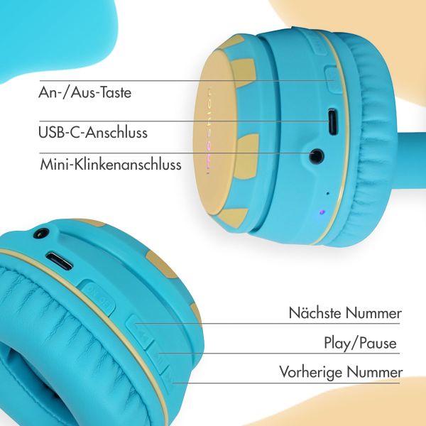 imoshion Kabellose Kinderkopfhörer Unicorn LED Light - Dezibelbegrenzer - Mit AUX-Kabel - Soft Blue / Yellow