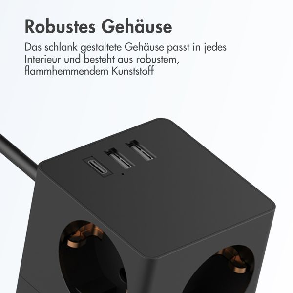 Accezz PowerCube Strip | 6-in-1 - 1x USB-C + 2x USB-A + 3x Steckdose - 4000 Watt - Schwarz