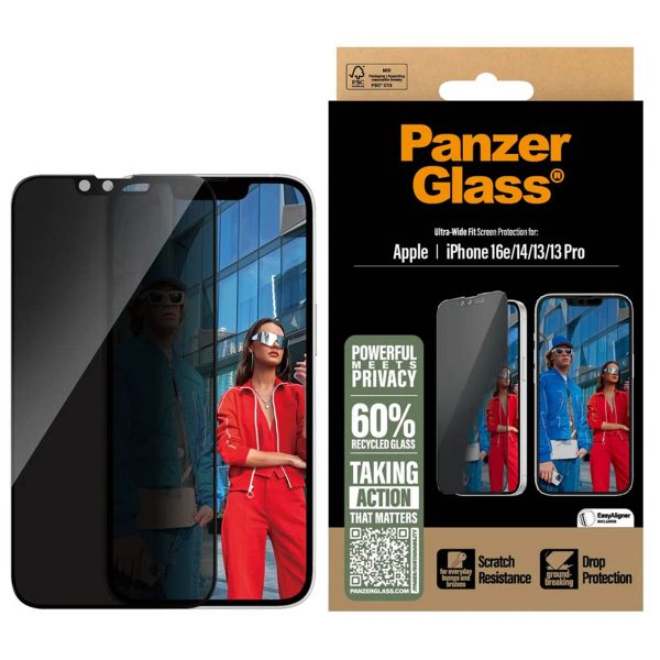 PanzerGlass Ultra Wide Fit Antibakterieller Screen Protector mit Sichtschutz inkl. Applikator Apple iPhone 17e / 16e / 14 / 13 / 13 Pro