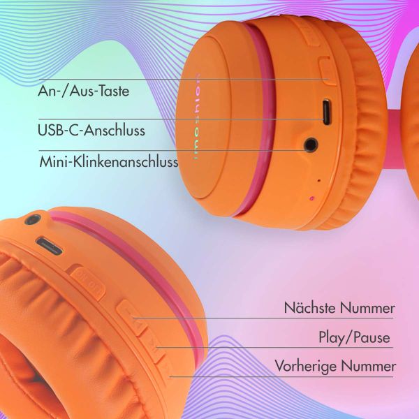 imoshion Kabellose Kinderkopfhörer LED Light - Dezibelbegrenzer - Mit AUX-Kabel - Hot Pink / Apricot Orange Crush